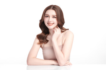 Beautiful young asian woman with clean fresh skin on white background, Face care, Facial treatment, Cosmetology, beauty and spa, Asian women portrait.