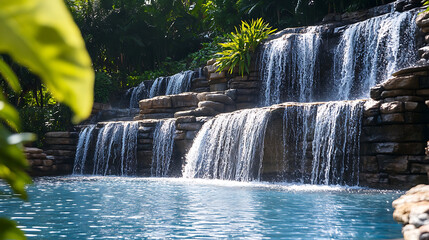 A close-up view of a cascading waterfall with a wide pool at its base, perfect for families to relax and splash around 