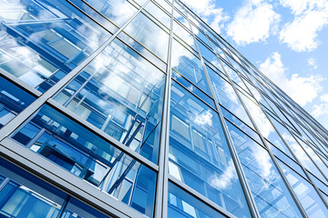 Obraz premium Modern glass building facade reflecting the sky and clouds, symbolizing urban architecture and design.