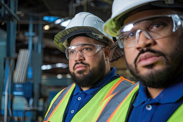 Diverse plus-size workers wearing safety gear in an industrial area