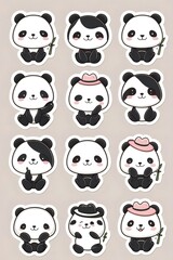 Obraz premium Adorable Cartoon Pandas: A Collection of Cute Stickers Featuring Happy Pandas in Various Poses and Accessories