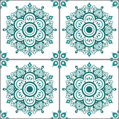 Indian style tiles vector seamless pattern with mandalas and flowers inspired by tattoo Mehndi art from India. Non-AI generated
