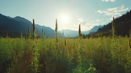 Hemp plantation in Canada, organized field with tall hemp plants ready for harvest.