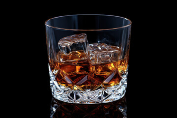 glass of whiskey with ice cubes sits elegantly against black background, showcasing rich amber color and glistening ice. This evokes sense of sophistication and relaxation