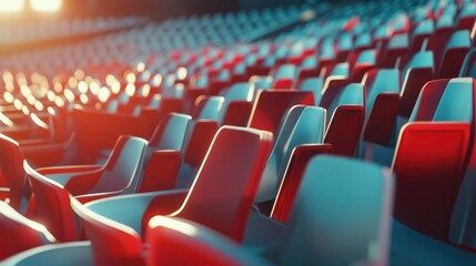 Obraz premium Empty seats in a stadium with patterns of red and white, evening light streaming in