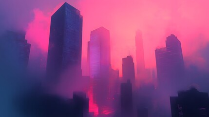Fototapeta premium An abstract illustration of a city skyline at dusk, with gradient colors blending into the evening sky and silhouetted skyscrapers in the foreground.