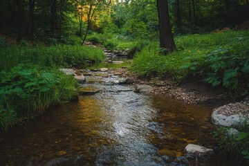A small stream flows through a lush green forest, creating a serene and tranquil scene.