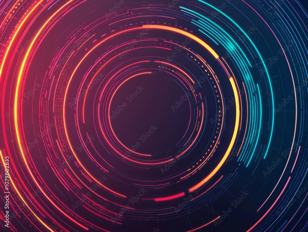Poster abstract glowing circles with vibrant colors creating a futuristic digital pattern.