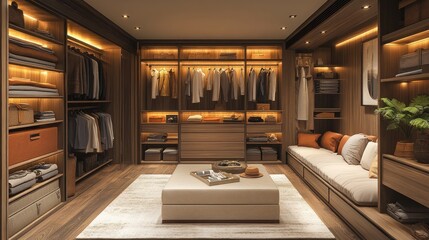 Modern, organized walk-in closet with stylish furnishings and lighting.