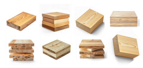 Collection of Board of laminated timber with visible layers. isolated on transparent background