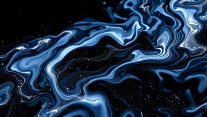 Obraz premium Abstract Blue and Black Liquid Marble Texture, Fluid Art Swirl Pattern with Metallic Highlights, Digital Illustration pc, laptop wallpaper