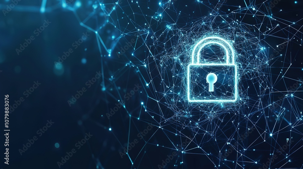 Poster cyber security concept. lock symbol from lines and triangles, point connecting network on blue backg
