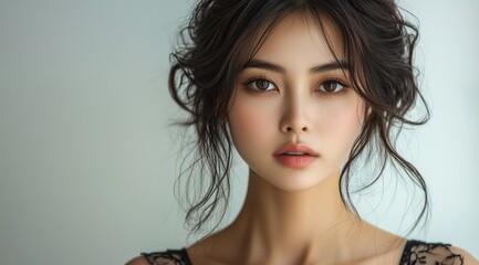 Close-up portrait of a beautiful young woman with dark hair and brown eyes.