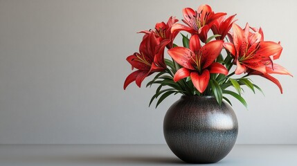 A vibrant bouquet of red lilies in a decorative vase.