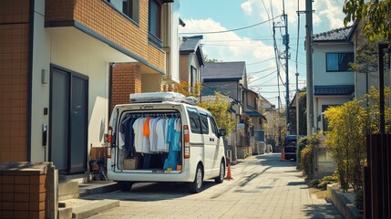 Laundry delivery service in Japan, van delivering clean laundry to clients homes, efficient and organized.