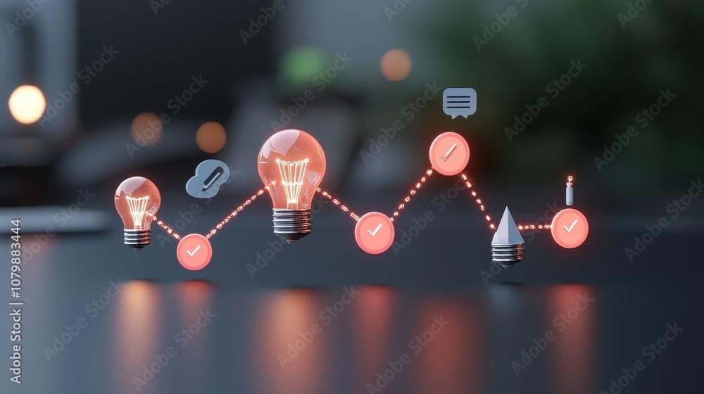 Poster innovative light bulbs symbolizing creative ideas and growth process on modern desktop with abstract