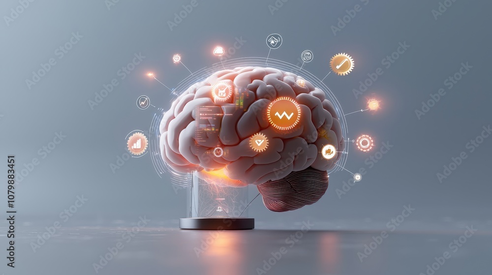 Poster intricate digital brain model with glowing icons representing technology, data, and connectivity for