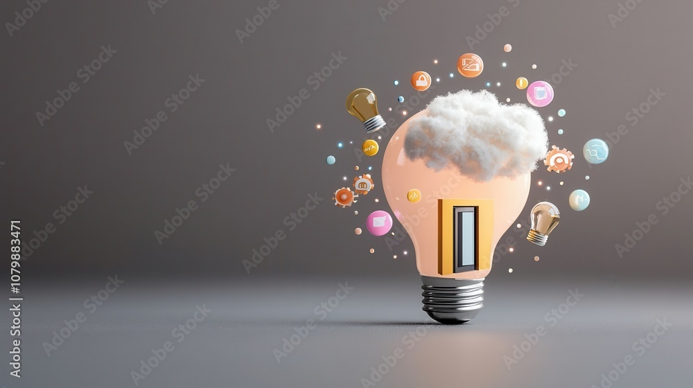 Poster creative concept of a light bulb with a cloud and colorful icons representing ideas, innovation, and
