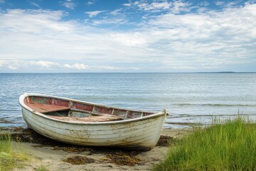 Naklejka premium A small white boat rests on the shore of a sandy beach, with blue sky and water in the background.