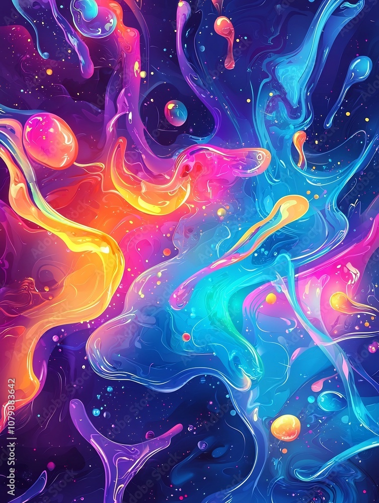 Poster mesmerizing neon liquid splash pattern with glowing droplets in vivid colors
