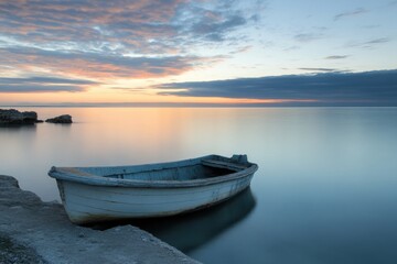 Naklejka premium A small white boat sits on a rocky shore at sunrise, with a calm ocean in the background.