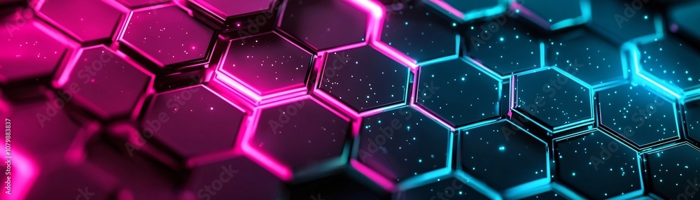 Poster glowing neon hexagonal pattern with gradient teal and pink hues futuristic digital background concep