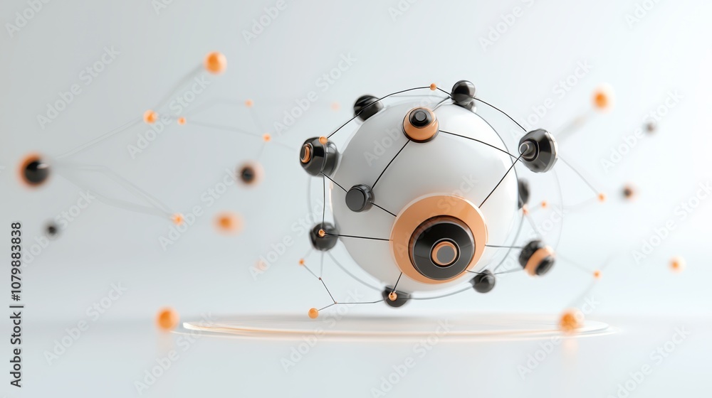 Poster abstract concept of a 3d sphere connected by lines and nodes representing technology, innovation, an