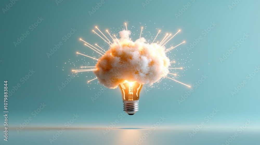 Poster innovative concept of a light bulb representing ideas and creativity with explosion effect in a soft