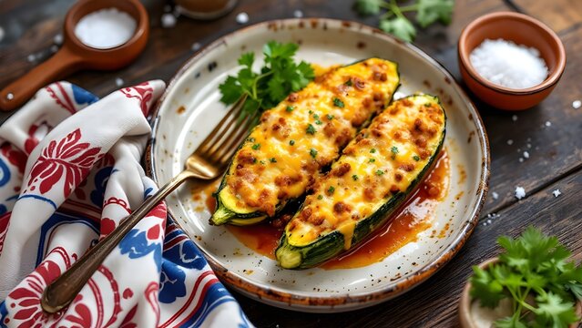 Zapallitos Italianos Rellenos Baked Stuffed Zucchini with Meat and Cheese (Chilean Cuisine)
