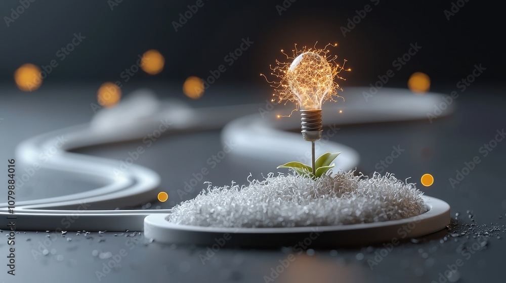 Poster innovative concept of a light bulb sprouting from soil, symbolizing the fusion of nature and technol