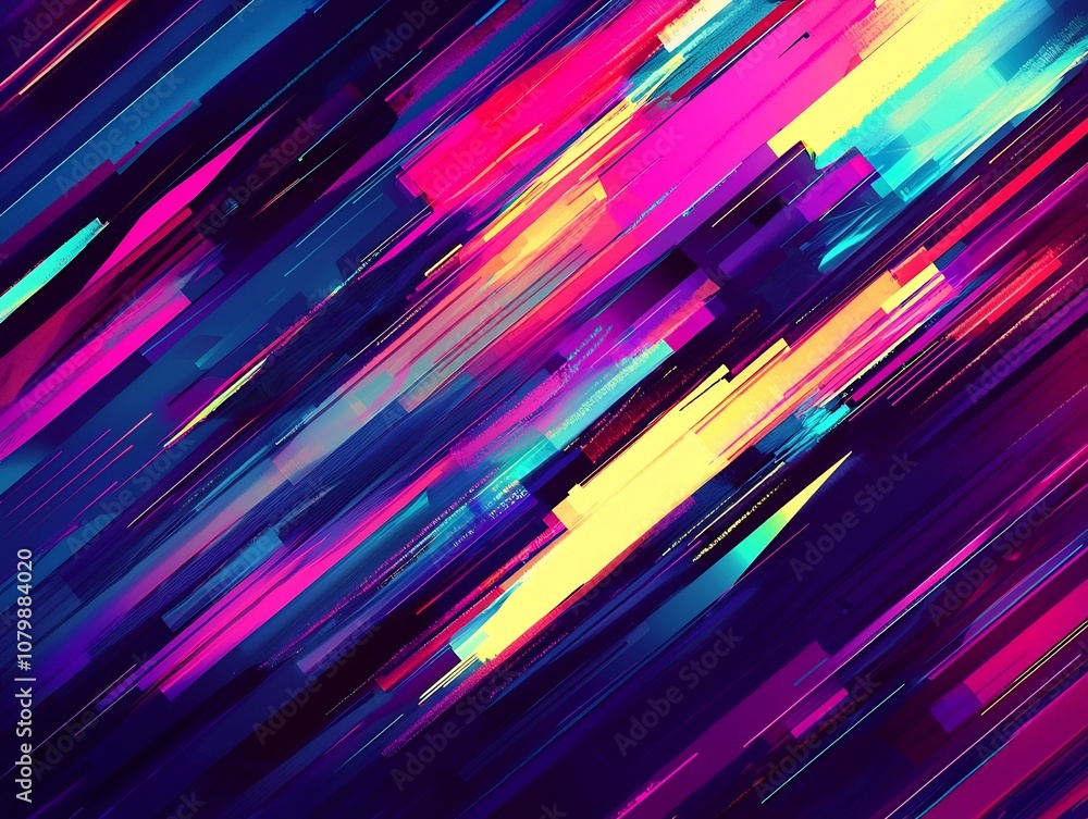 Poster vibrant neon glitch pattern with fragmented distorted lines and chaotic stylish effect