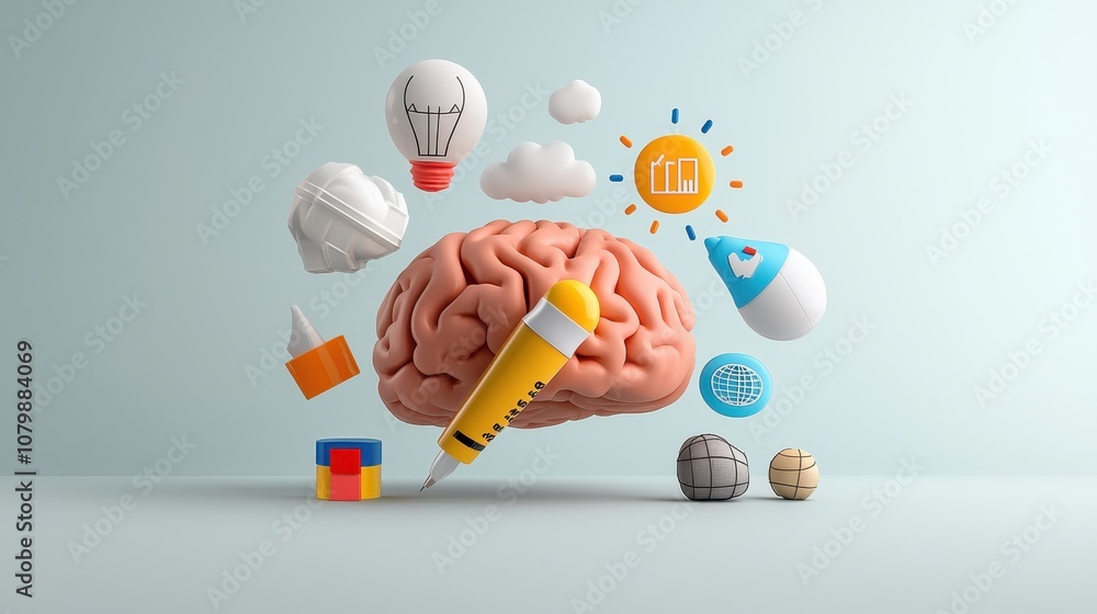 Poster conceptual representation of creativity and innovation with a 3d brain model surrounded by various c