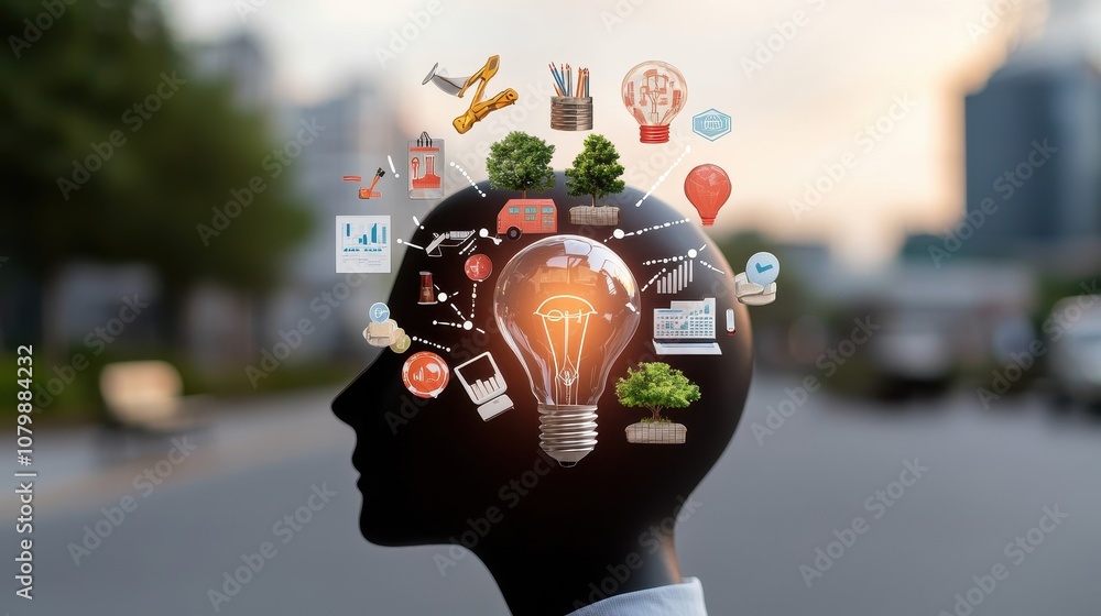 Poster abstract representation of innovative ideas and creativity with light bulb concept integrating vario