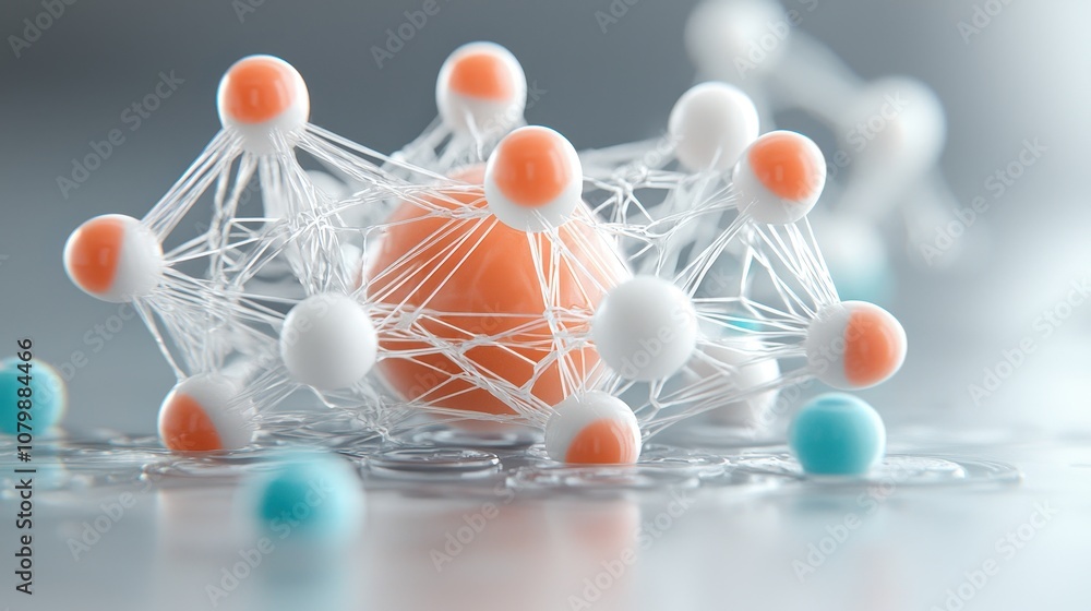 Poster abstract representation of molecular structure showcasing interconnected spheres and lines in vibran