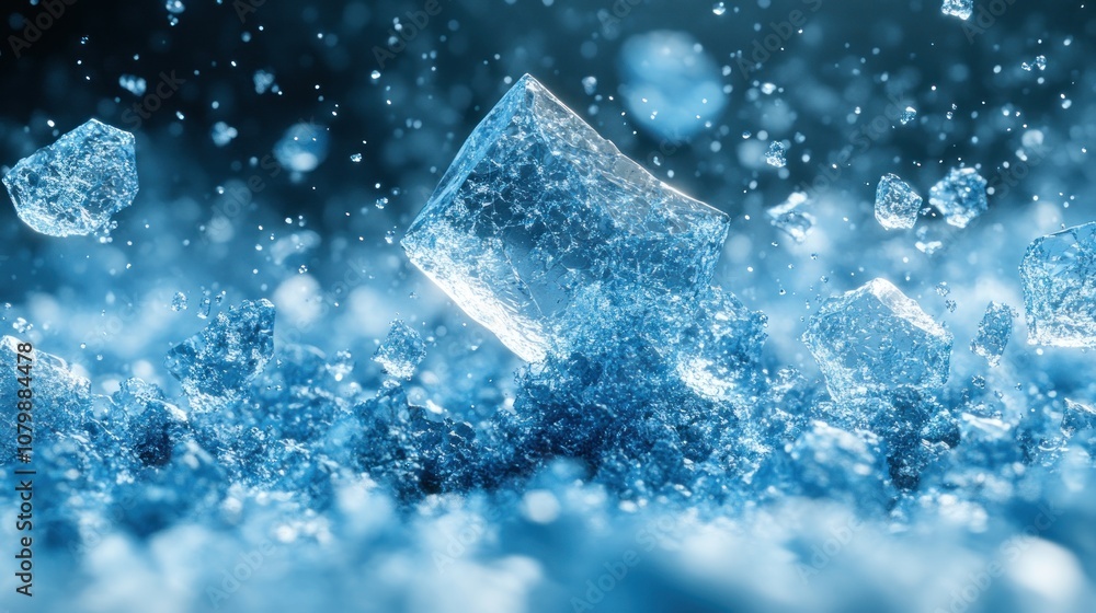 Poster ice cubes and water droplets create a refreshing, cool atmosphere.