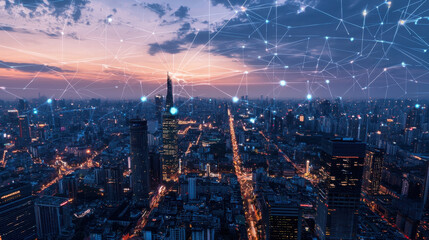 Obraz premium stunning cityscape at dusk, showcasing vibrant urban environment with illuminated buildings and streets. image features network of connections symbolizing global connectivity and technology