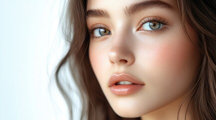 Fototapeta premium Close-up portrait of a young woman with natural makeup, looking at the camera.