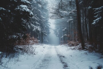 A snowy path through a foggy forest, with tall trees and branches on either side.