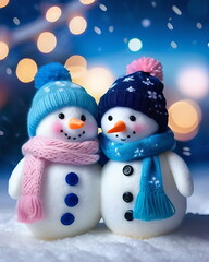 Couple  snowman with a Christmas tree in the snow fall background	