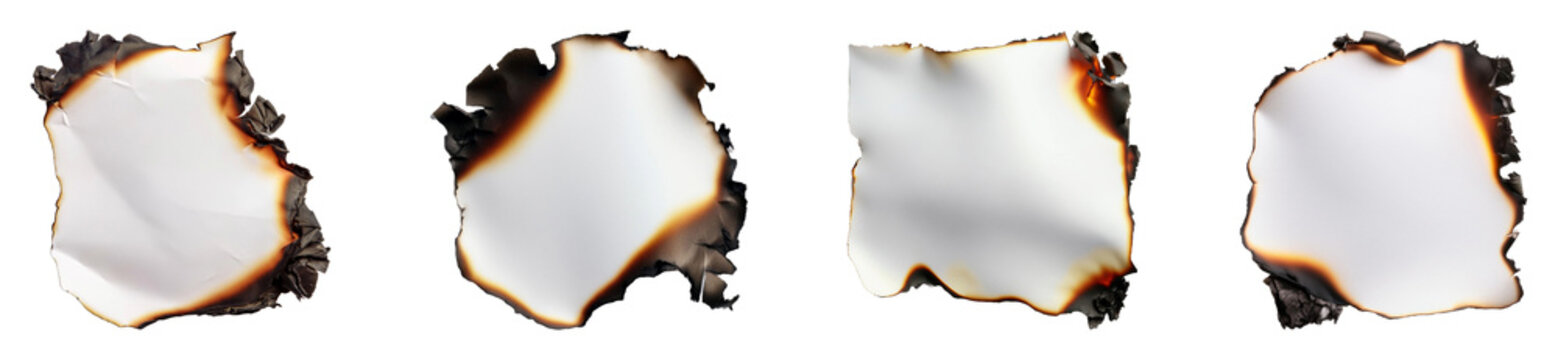 Four pieces of white paper with burnt and charred edges, isolated on a transparent background.