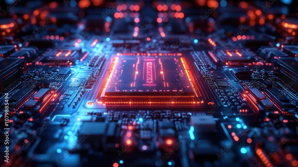 Poster a close-up view of a futuristic circuit board with glowing elements.