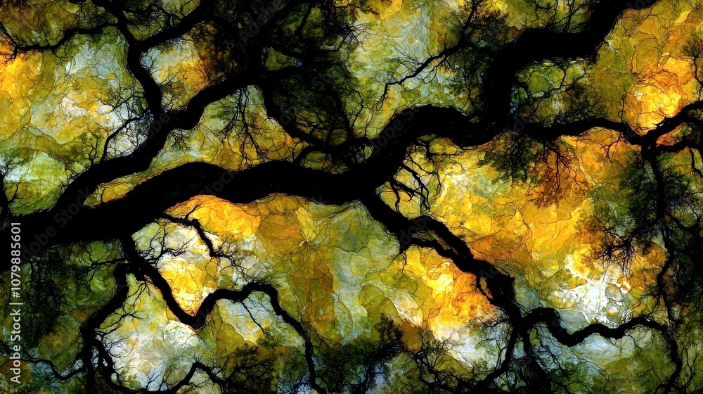 Poster abstract portrayal of vibrant tree branches with intricate patterns and a mix of warm and cool color