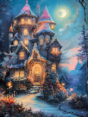 Fototapeta premium A Cozy Winter House with Christmas Lights