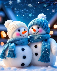 Couple  snowman with a Christmas tree in the snow fall background	