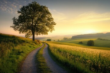 A solitary tree stands tall on a hilltop overlooking a winding dirt road and a picturesque landscape.