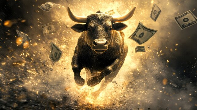 Bull charging through money explosion financial market digital art dramatic environment close-up view wealth concept