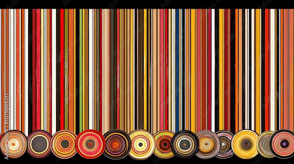 Poster abstract minimalist art with horizontal stripes in vibrant colors and circular patterns on a dark ba