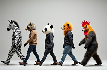 Group of people wearing animal costumes walking in a line