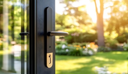 Close-up of a black, modern aluminum door with a key lock on the front and a glass window, open from the inside looking out to a green garden