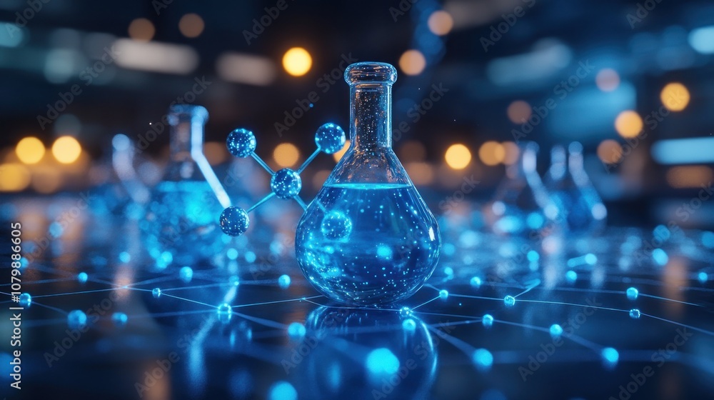 Aufkleber laboratory scene with glowing flasks and molecular structures.
